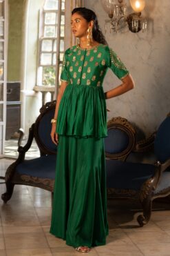 Emerald Green Chiniya Silk Peplum Set