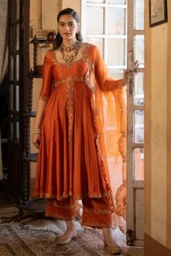 Rust Chiniya Silk Anarkali Set