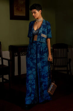 Deep Cut Blouse With Embroidered Blazer & Printed Pants