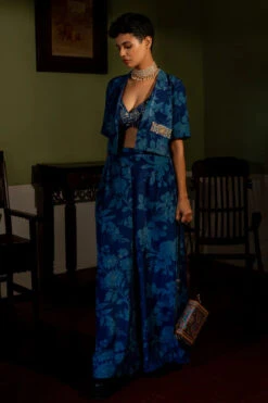 Deep Cut Blouse With Embroidered Blazer & Printed Pants