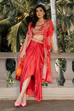 Cherry Red Jacket Paired With Satin Pre Drape Skirt