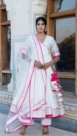 Pink Lilly Off White Cotton Silk Angrakha Set