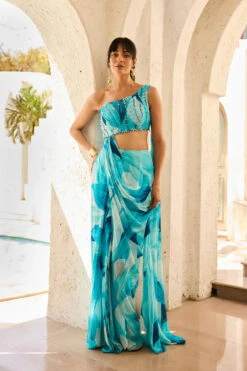 Breezy Blue Petal Printed Pre-Draped Saree Set
