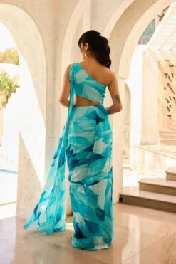 Breezy Blue Petal Printed Pre-Draped Saree Set -Lillys Clothing Shop WBLM 07 DR 1025
