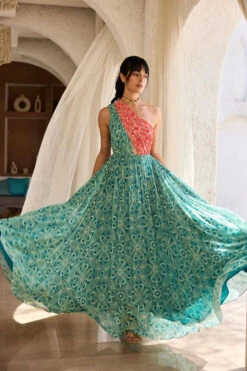 Teal & Pink Asymmetric Printed Dress -Lillys Clothing Shop WBLM 20 DR 1306