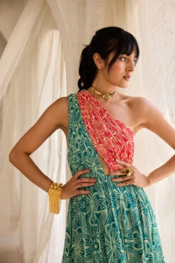 Teal & Pink Asymmetric Printed Dress -Lillys Clothing Shop WBLM 20 DR 1325