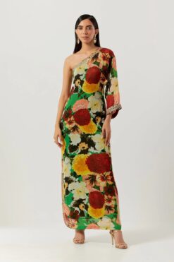 Green One Shoulder Kaftan With Slit