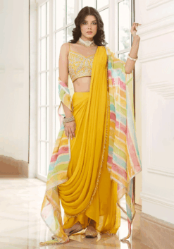Yellow Pre-Draped Cape Saree