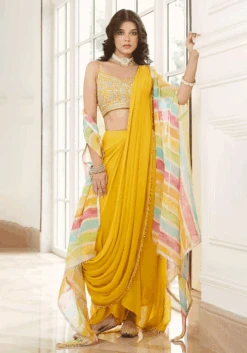 Yellow Pre-Draped Cape Saree