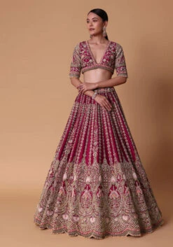Maroon Raw Silk 16 Kali Zardozi Lehenga Set With Two Dupattas -Lillys Clothing Shop ah