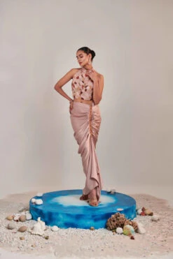 Nudish Pink Drape Skirt And Halter Neck Top Set