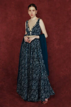 Blue Chinon Floral Print Lehenga Set -Lillys Clothing Shop blue chinon floral print lehenga set 1