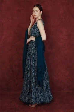 Blue Chinon Floral Print Lehenga Set -Lillys Clothing Shop blue chinon floral print lehenga set 4