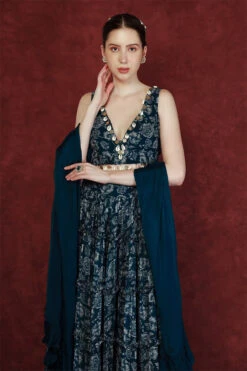 Blue Chinon Floral Print Lehenga Set -Lillys Clothing Shop blue chinon floral print lehenga set 5