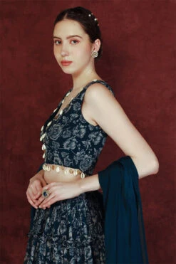 Blue Chinon Floral Print Lehenga Set -Lillys Clothing Shop blue chinon floral print lehenga set 6