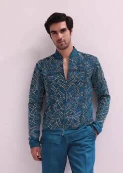 Blue Metallic Chain Bomber Jacket With Shirt And Pants 8 Blue Metallic Chain Bomber Jacket With Shirt And Pants -Lillys Clothing Shop blue metallic chain bomber jacket with shirt sg226252 15