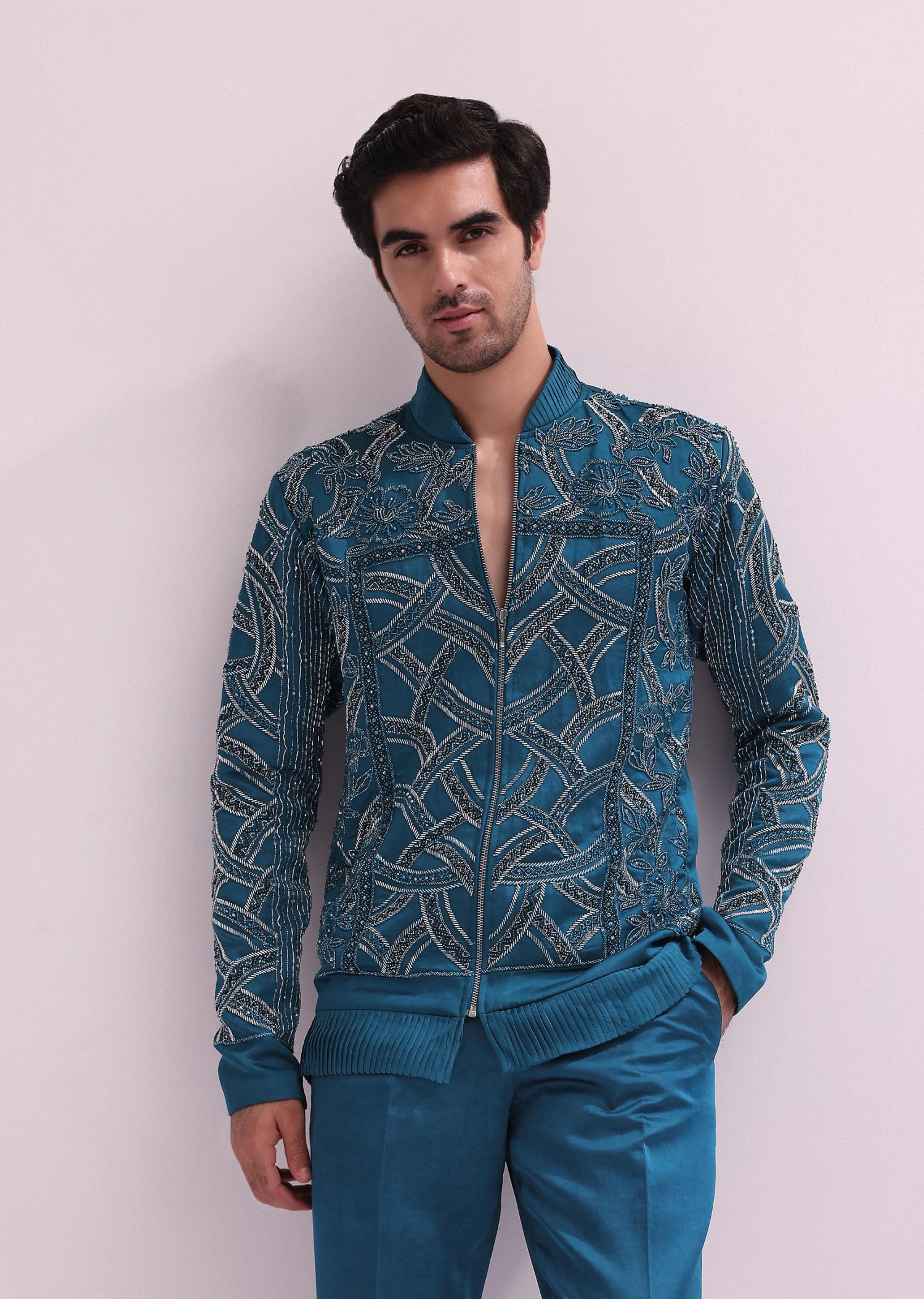 Blue Metallic Chain Bomber Jacket With Shirt And Pants 2 Blue Metallic Chain Bomber Jacket With Shirt And Pants - Image 2