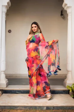 Multi Color Organza Print Saree (unstitched Blouse)