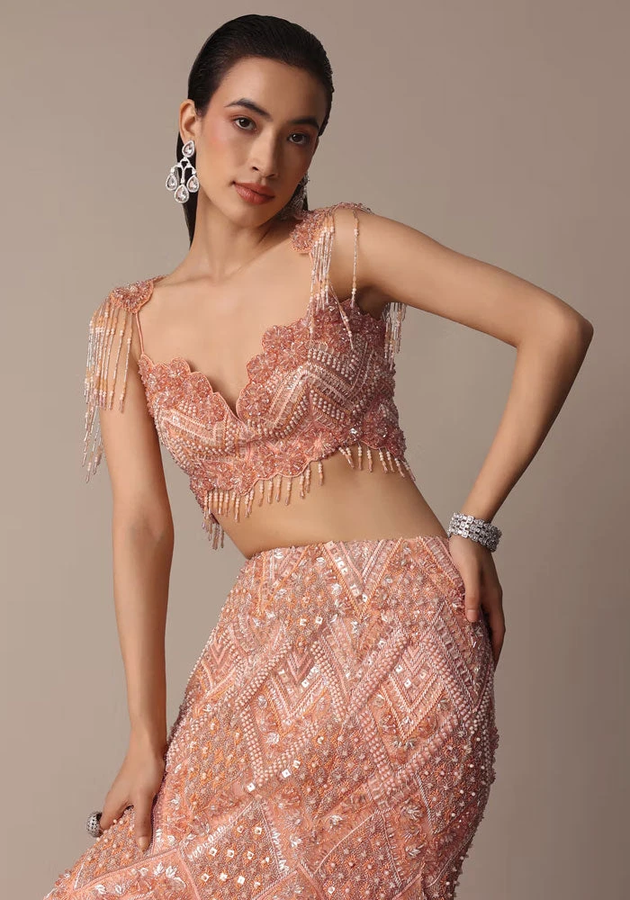 Peach Fish Cut Frill Lehenga Set With Trail Dupatta And Tassels 6 Peach Fish Cut Frill Lehenga Set With Trail Dupatta And Tassels - Image 6