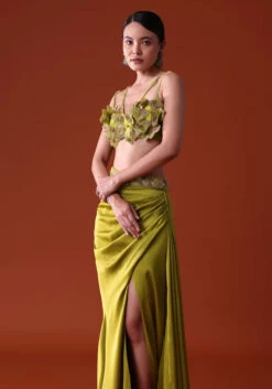 Lime Green Zardosi Draped Slit Skirt With 3D Multi Strap Blouse -Lillys Clothing Shop dgfhf