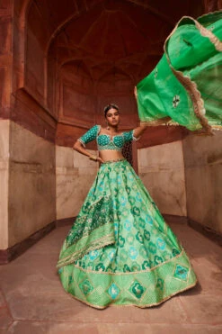 Green Banarsi Woven Lehenga