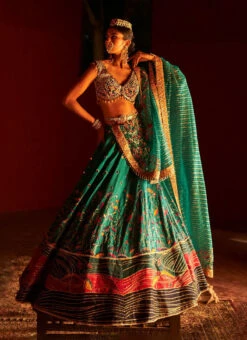 Teal Green Zari Woven Paithani Lehenga