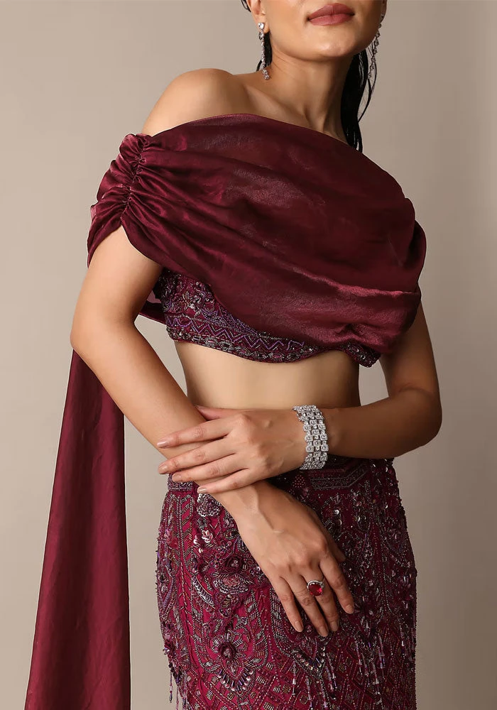 Wine Opulent Fish Cut Lehenga And Embellished Jacket Duo 5 Wine Opulent Fish Cut Lehenga And Embellished Jacket Duo - Image 5