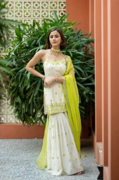 Off White Green Embroidered Sharara Lavinder Sharara