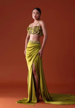 Lime Green Zardosi Draped Slit Skirt With 3D Multi Strap Blouse -Lillys Clothing Shop eteth