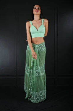 Hand Embroidered Dupatta With Silk Skirt And Rushed Blouse