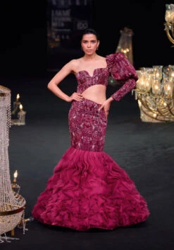 Wine Fish Cut One Shoulder Gown With 3D Organza Frills