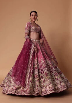 Red Velvet Silk 16 Kali Zardosi Lehenga With Crystal Blouse And Two Dupattas -Lillys Clothing Shop fgsrsrfg