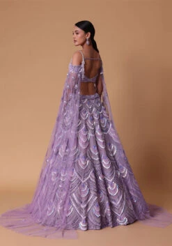 Lavender Pearl Embellished Lehenga Wth Off Shoulder Draped Cape -Lillys Clothing Shop fh