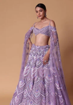 Lavender Pearl Embellished Lehenga Wth Off Shoulder Draped Cape -Lillys Clothing Shop fhjj