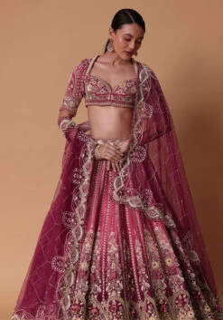 Red Velvet Silk 16 Kali Zardosi Lehenga With Crystal Blouse And Two Dupattas -Lillys Clothing Shop frgrg
