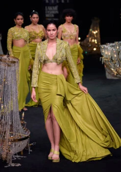 Citrus Green Draped Slit Skirt With Embroidered Short Jacket