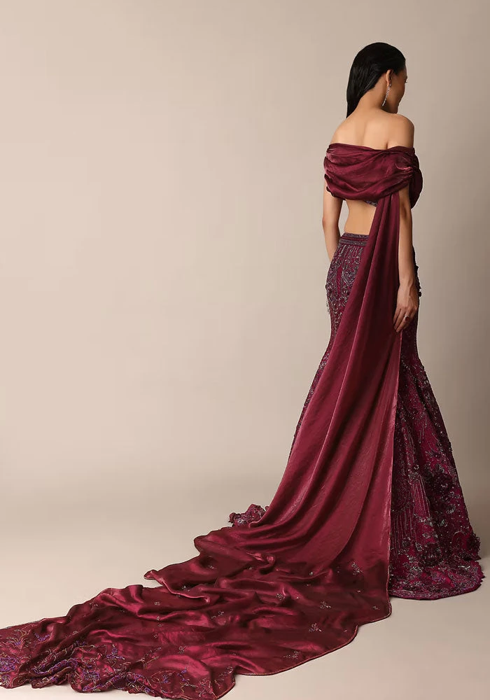 Wine Opulent Fish Cut Lehenga And Embellished Jacket Duo 6 Wine Opulent Fish Cut Lehenga And Embellished Jacket Duo - Image 6