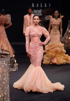 Peach Zardosi Fishcut Skirt With Embroidered Short Sleeve Jacket