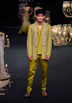 Green Linen Satin Lapel Tuxedo Jacket With Shirt And Pants