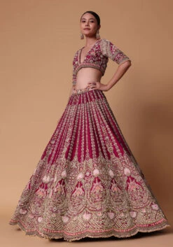 Maroon Raw Silk 16 Kali Zardozi Lehenga Set With Two Dupattas -Lillys Clothing Shop gjj