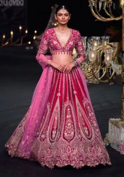 Red Raw Silk Cutdana Lehenga Set With Trail Dupatta