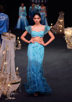 Blue Fish Cut Ombre Trail Skirt And Tassel Embellished Blouse