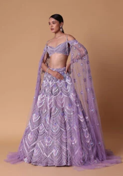 Lavender Pearl Embellished Lehenga Wth Off Shoulder Draped Cape -Lillys Clothing Shop hfjffj