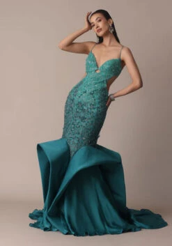 Green Blue Ombre Zardosi Fishcut Draped Gown -Lillys Clothing Shop hjkghk