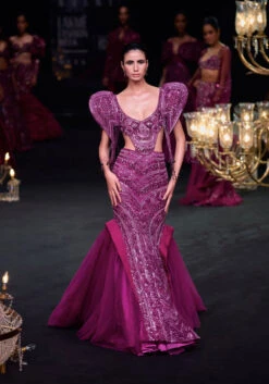 Deep Purple Organza Fishcut Gown With 3D Tassel Sleeves