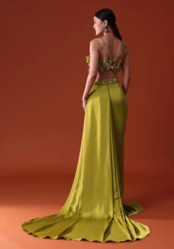 Lime Green Zardosi Draped Slit Skirt With 3D Multi Strap Blouse -Lillys Clothing Shop hthth