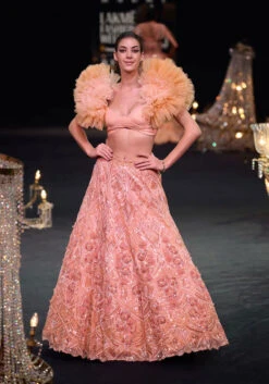 Peach Organza Embroidered Lehenga Set With Floral Ruffle Blouse