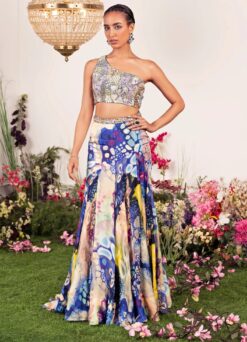 Indigo Ink Lehenga Set With One Shoulder Bloluse