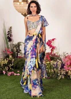 Indigo Ink Cowl Ruffle Saree With Embellished Strap Corset