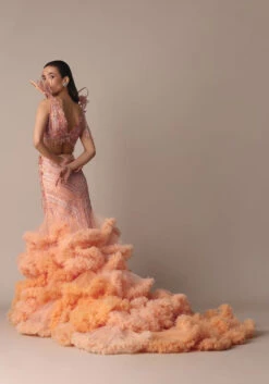 Peach Organza Cutdana Trail Lehenga With Feather Sleeve Blouse -Lillys Clothing Shop jfuk